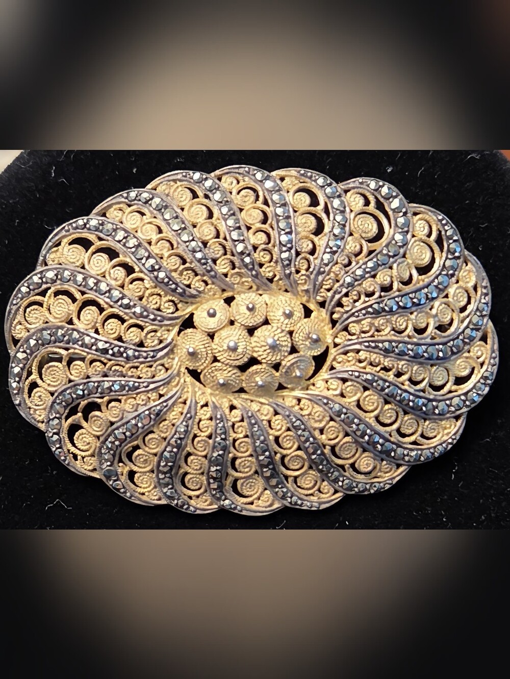 Vintage Alice Caviness Sterling Germany Vermeil Filigree Marcasite Brooch Pin
